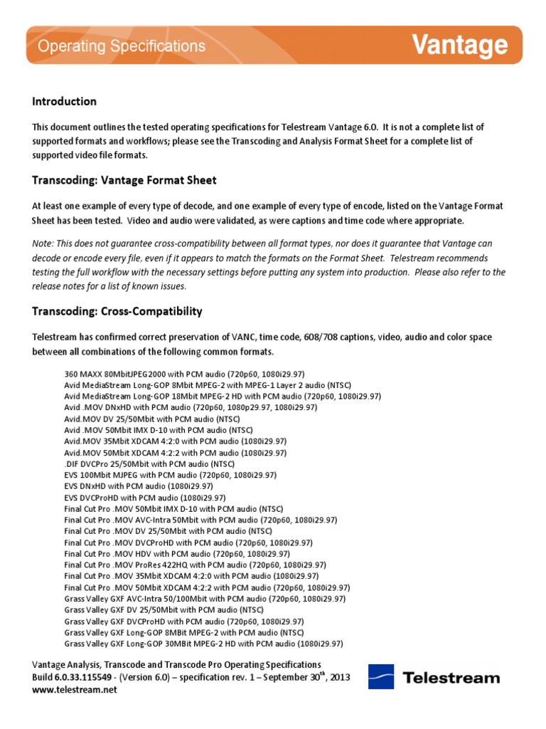 Vantage 6.0 Transcoding Specifications | PDF | Filmmaking | Video