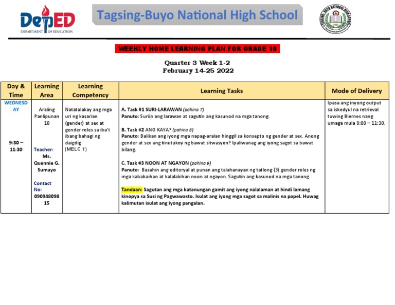 Day & Time Learning Area Learning Competency Learning Tasks Mode of ...