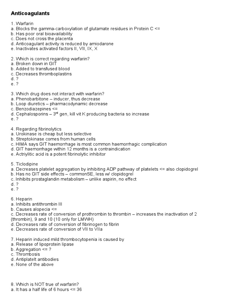 Anticoagulants: Key Concepts and MCQs | PDF | Platelet | Coagulation