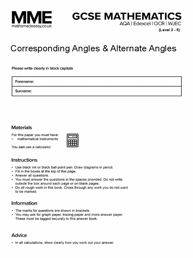 Corresponding Angles and Alternate Angles Questions MME | PDF ...