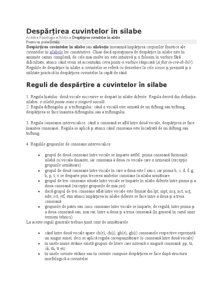 Despărțirea Cuvintelor În Silabe | PDF