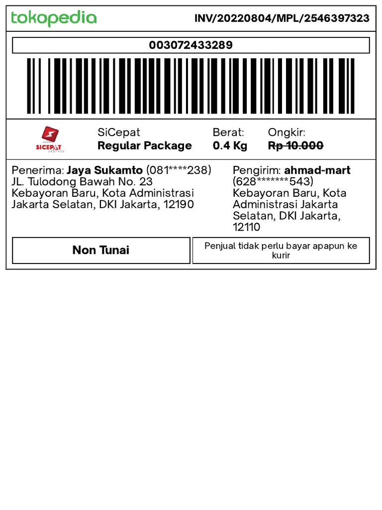 Contoh Nomor Resi Jt