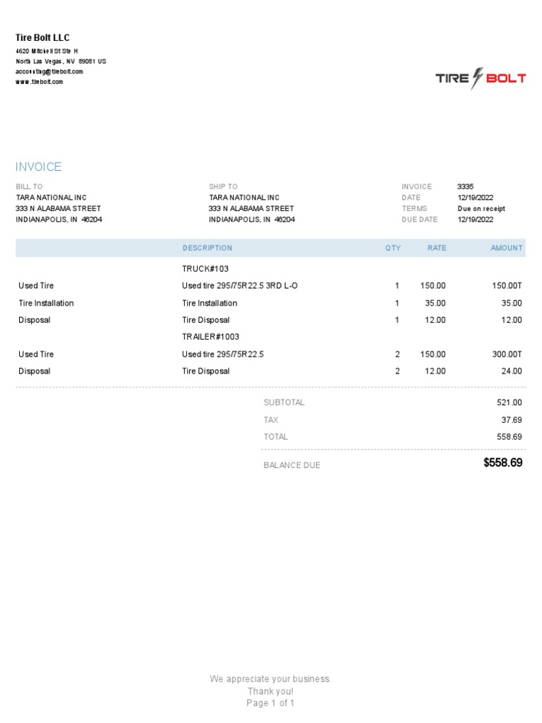 Invoice 3335 From Tire Bolt LLC PDF