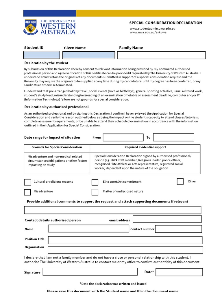 Special Consideration Declaration Professional Fillable PDF