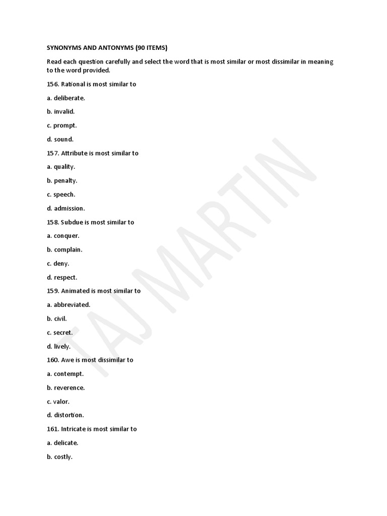 Synonyms And Antonyms 90 Items PDF Psychology Metaphysics