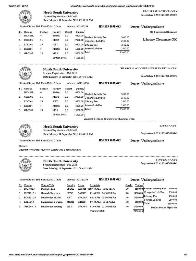 Student Registration Details for Fall 2022 Semester at North South