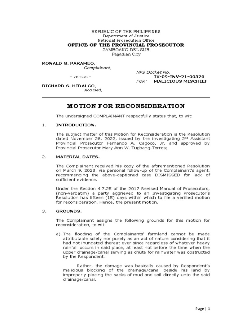 Motion For Reconsideration (Prosecutor Level) PDF Affidavit