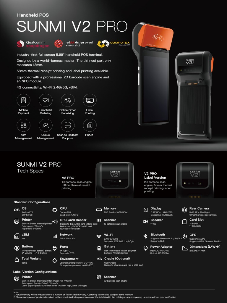 SUNMI V2 PRO: Handheld POS Terminal | PDF | Barcode | Printer
