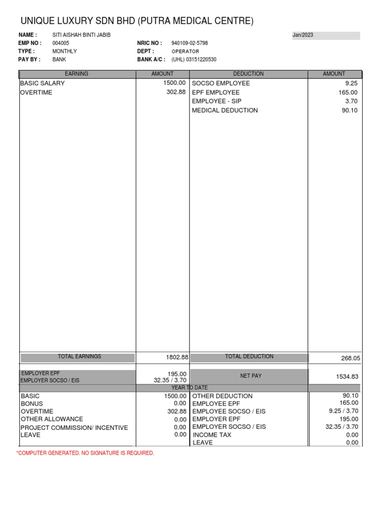 Siti aishah s january 2023 pay slip from unique luxury sdn bhd showing