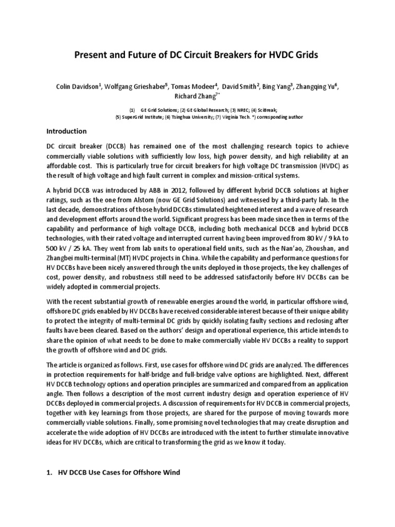 Present and Future of DC Circuit Breakers For HVDC Grids | PDF