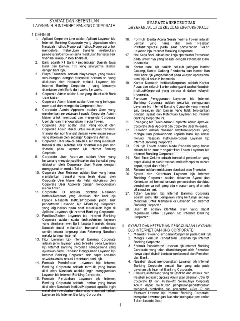 Syarat Layanan Internet Banking BJB Corporate | PDF