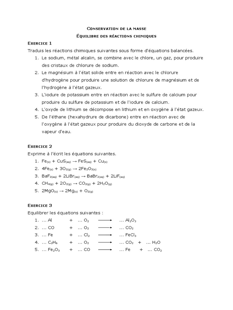 Exercices d'équilibrage chimique 4ème | PDF | Oxyde | Réaction d ...