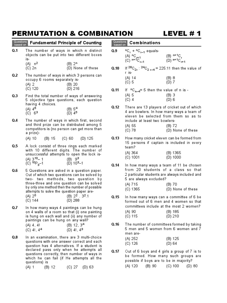 Permutation combination level 1 fundamental principle of counting