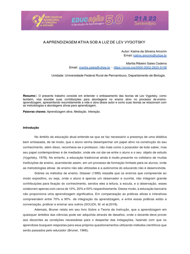 Aprendizagem Ativa e Vygotsky | PDF | Aprendizado | Psicologia