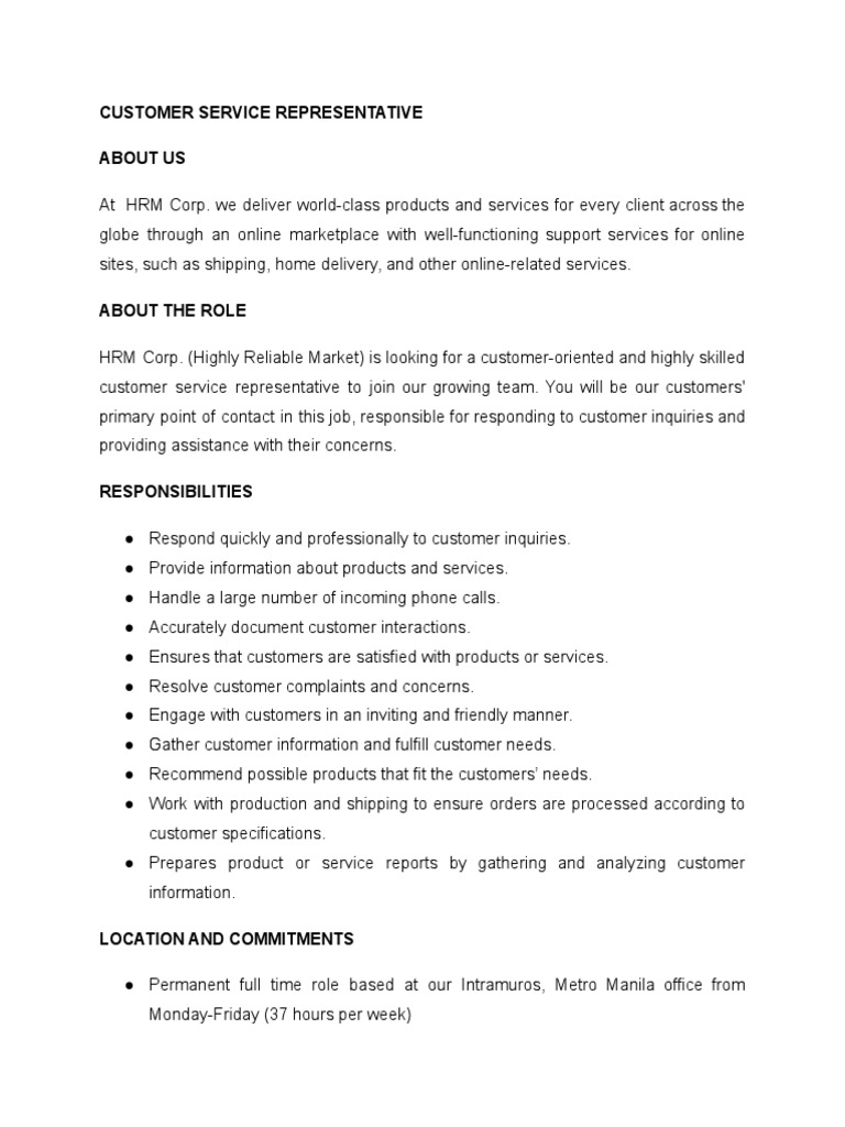 CSR JOB DESCRIPTION PDF
