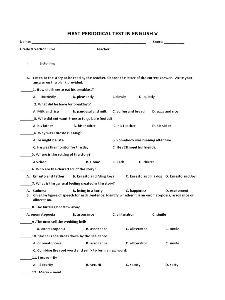 1ST Periodical Exam For Grade 5 English PDF