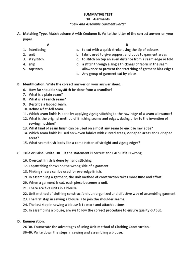 Summative Test Grade 10 (Sew and Assemble Garment Parts) - 083304 | PDF ...