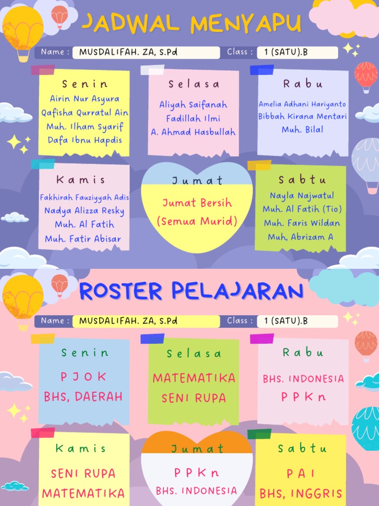 Jadwal Menyapu Dan Roster Pelajaran Kelas 1.B | PDF