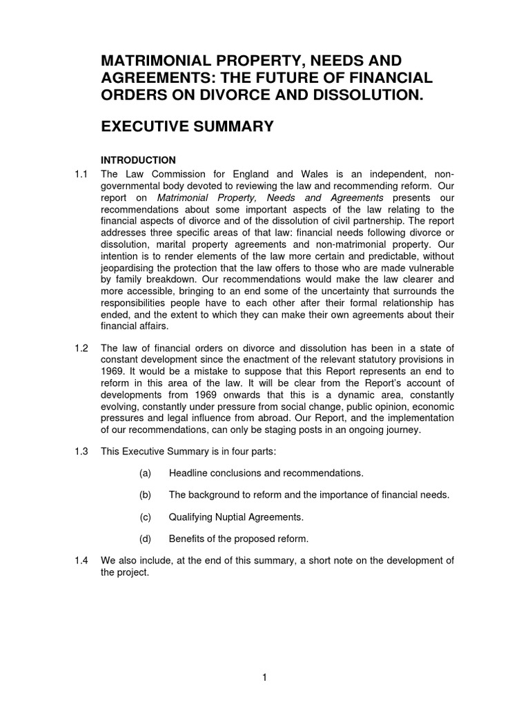 Law Commission Report Summary On PreNups PDF Divorce Marriage