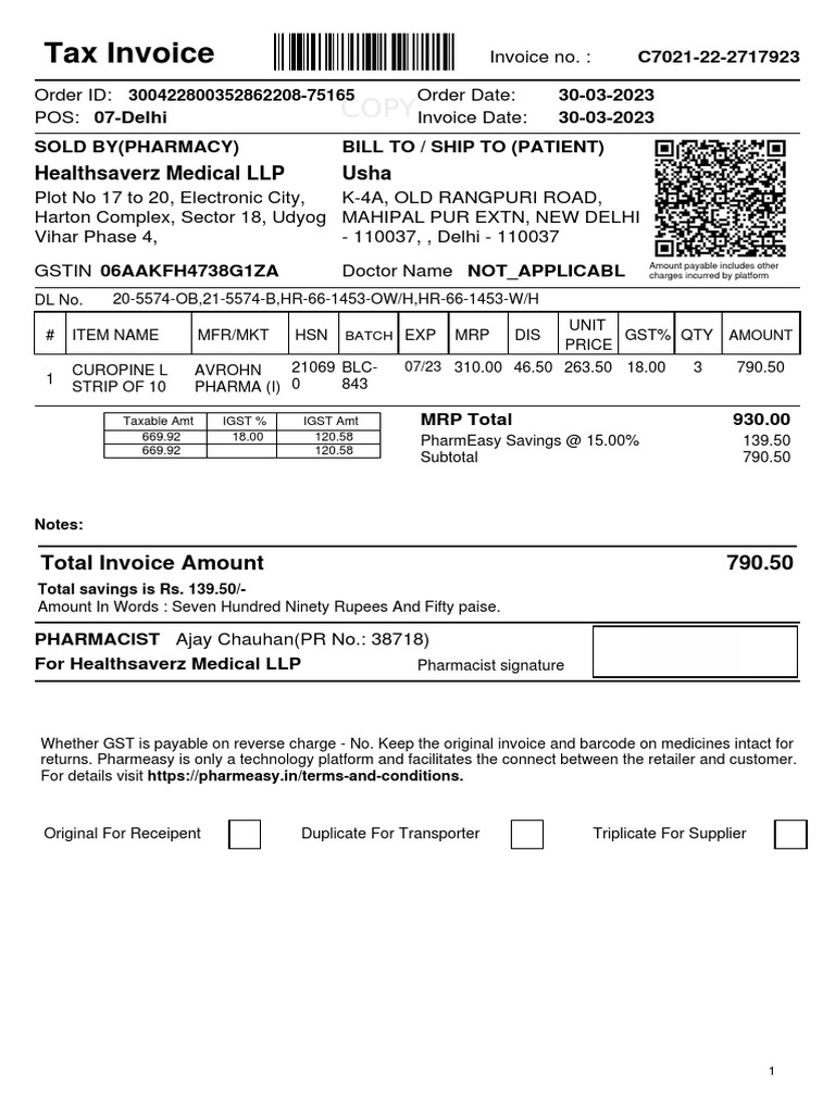 Tax Invoice for Healthsaverz Medical | PDF | Invoice | Health Care