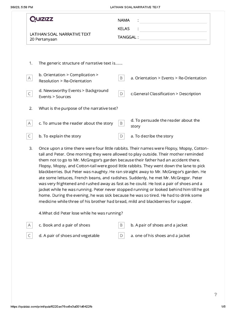 Latihan soal narrative text pdf peter rabbit