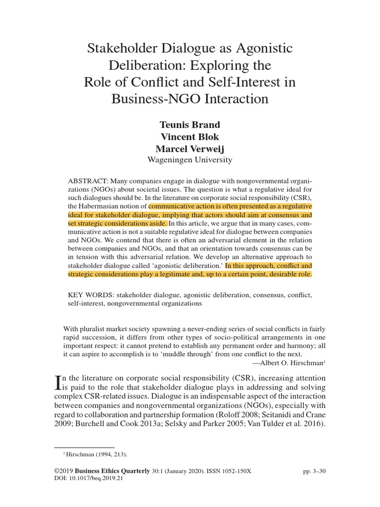 Stakeholder Dialogue As Agonistic Deliberation: Exploring The Role of ...