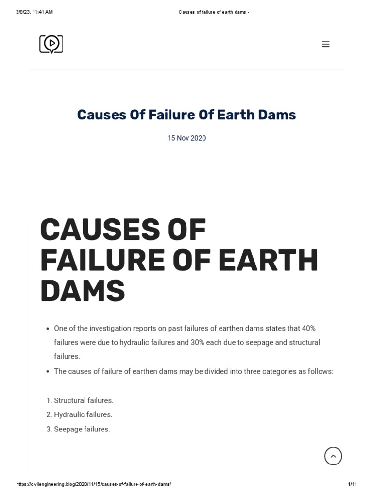 Causes of Failure of Earth Dams PDF Dam Soil Mechanics