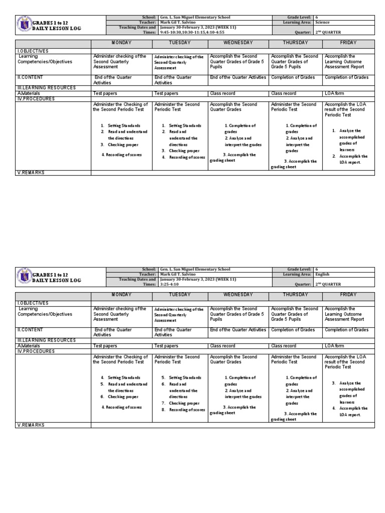 Grade 6 Weekly Lesson Plan | PDF | Teachers | Learning