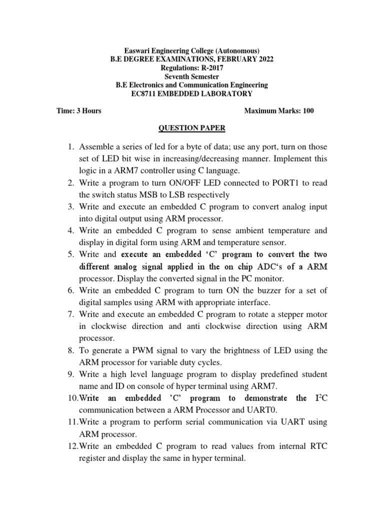 Erts Lab 2022 Student QP PDF Embedded System Microcontroller