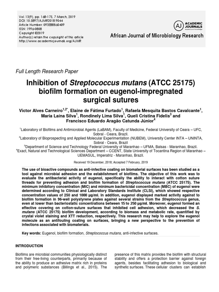 Inhibition of Streptococcus Mutans ATCC 25175 Biof | PDF | Biofilm ...