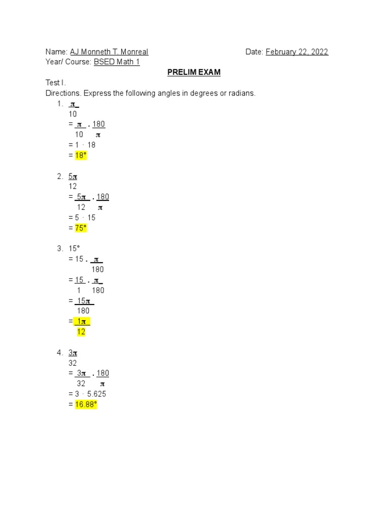 BSED Math Prelim Exam: Angles & Arc Lengths | PDF | Angle | Metrology