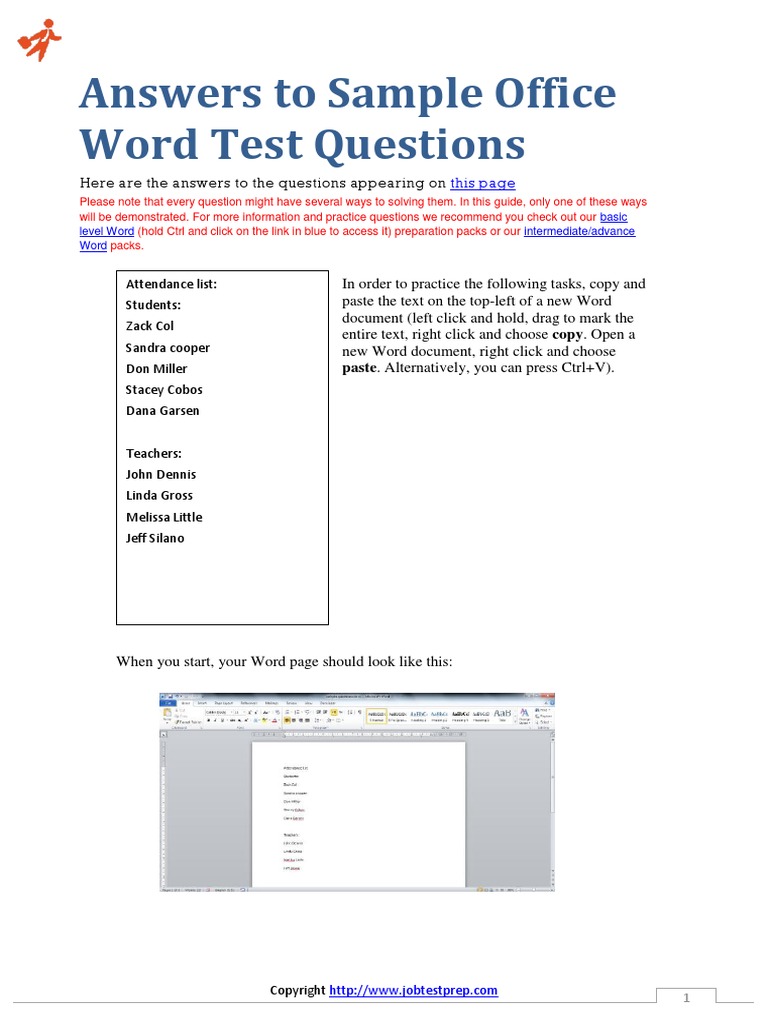 Word sample questions answers pdf hyperlink page layout