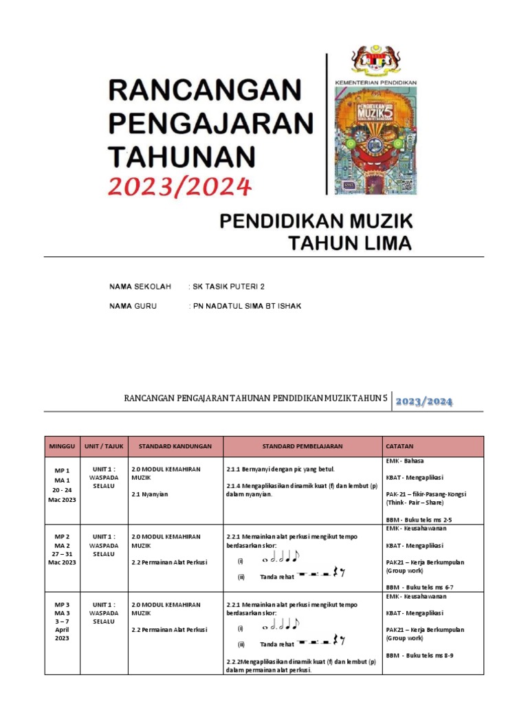 Rancangan Pengajaran Muzik Tahun 5 2023/2024 | PDF