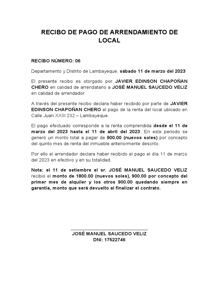 Recibo de Pago de Arrendamiento de Local | PDF