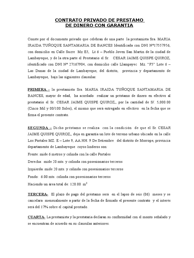 Contrato Privado de Prestamo de Dinero Con Garantia | PDF | Ley de ...