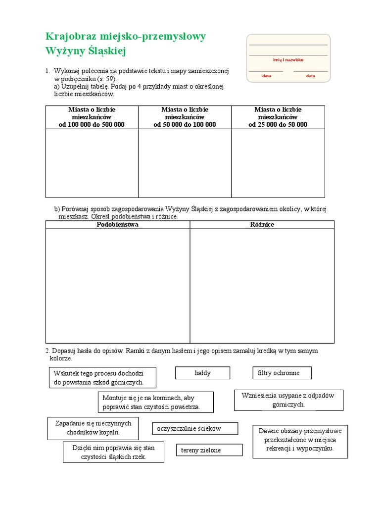Krajobraz Pojezierza Mazurskiego Klasa 5 Karta Pracy Krajobraz Miejsko Przemyslowy Wyzyny Slaskiej | PDF