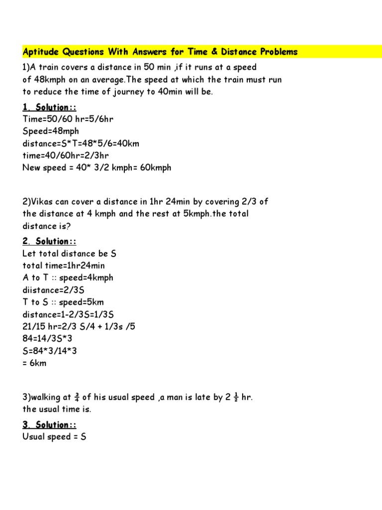 Aptitude Questions With Answers for Time1 Speed Mathematics