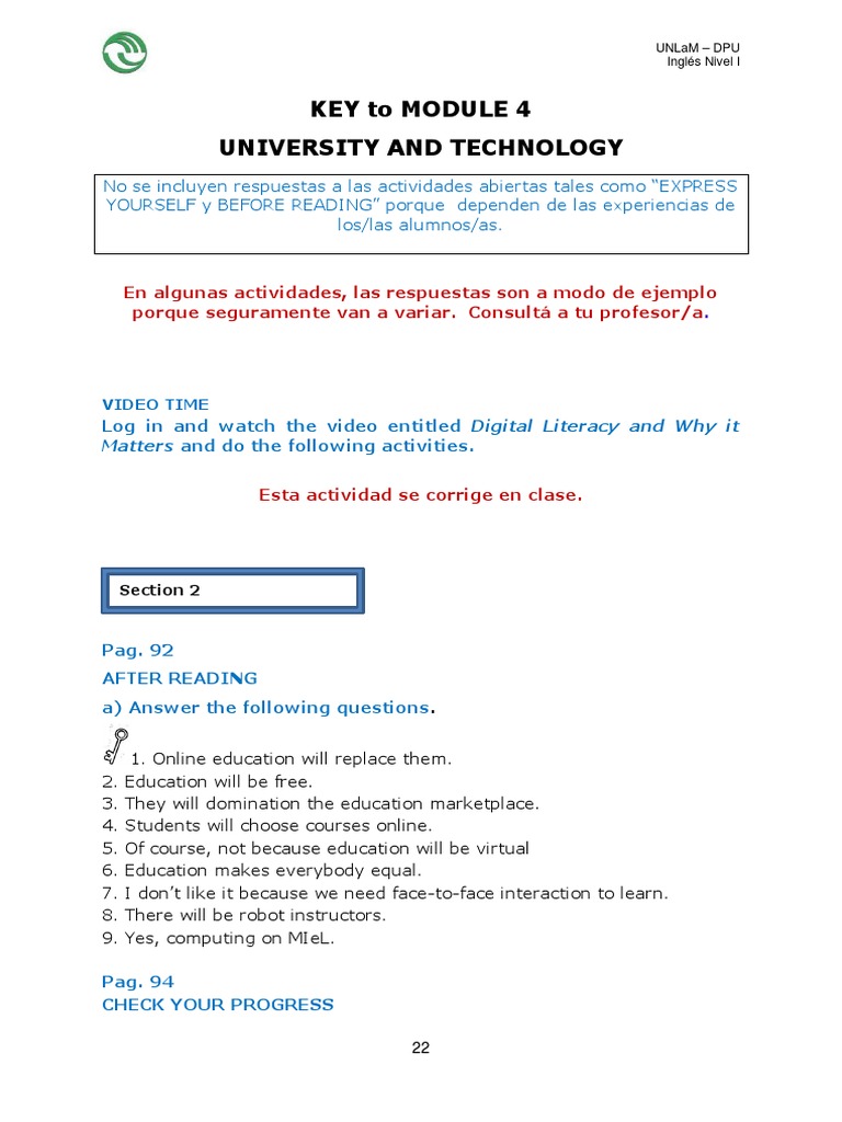 UNLaM Inglés Nivel I: Módulo 4 Claves | PDF | Linguistics
