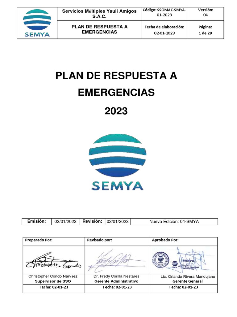 Plan de Emergencias SEMYA SAC 2023 | PDF | Emergencia | Primeros auxilios