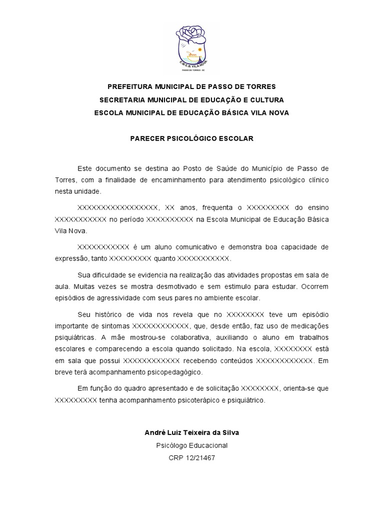Parecer Psicológico Escolar Infantil | PDF | Psicologia | Psiquiatria