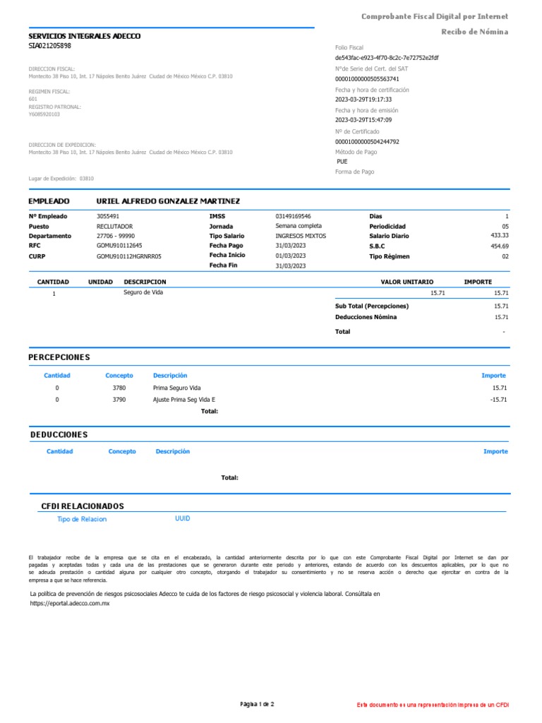 Empleado Uriel Alfredo Gonzalez Martinez Servicios Integrales Adecco PDF Economias