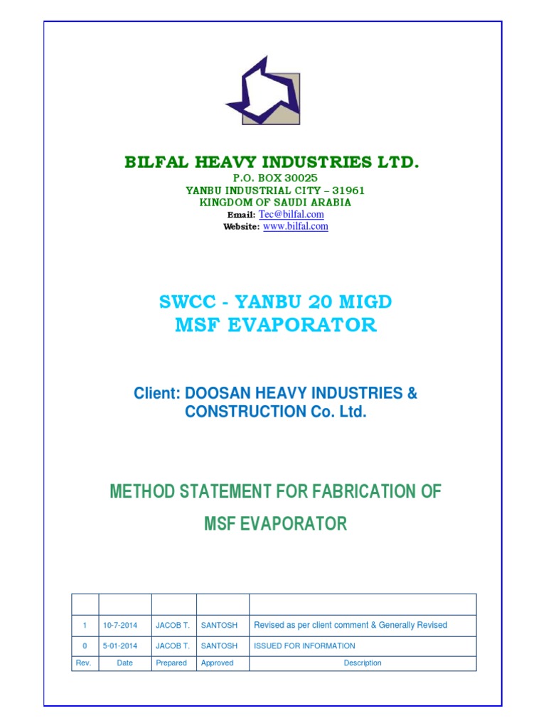 MSF Evaporator Fabrication Method Statement | PDF | Welding | Construction