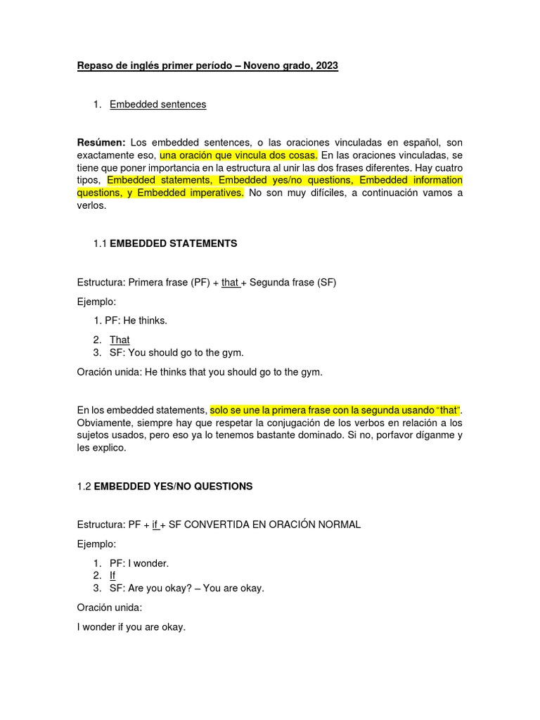 Estructura de Embedded Sentences en Inglés | PDF | Oración (Lingüística ...