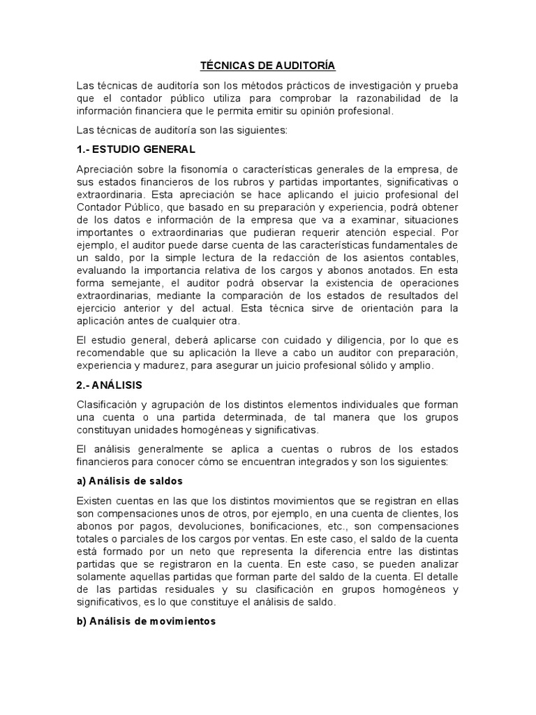 Las Tecnicas Para Auditoría Pdf Contabilidad Auditoría