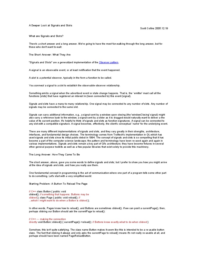 A Deeper Look at Signals and Slots PDF C++ Class