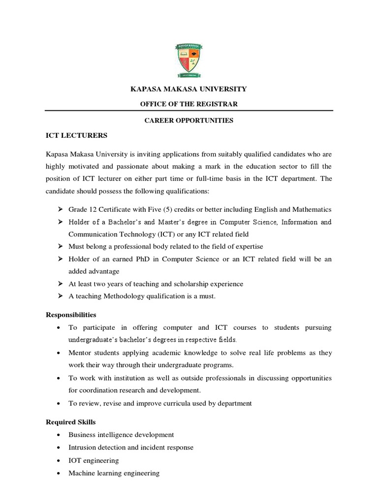 Kapasa Makasa University Office of The Registrar Career Opportunities