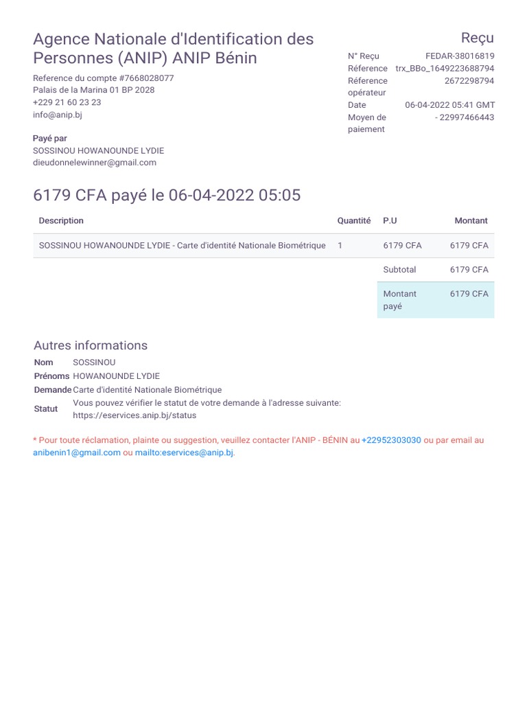 Reçu de paiement pour carte d'identité ANIP | PDF