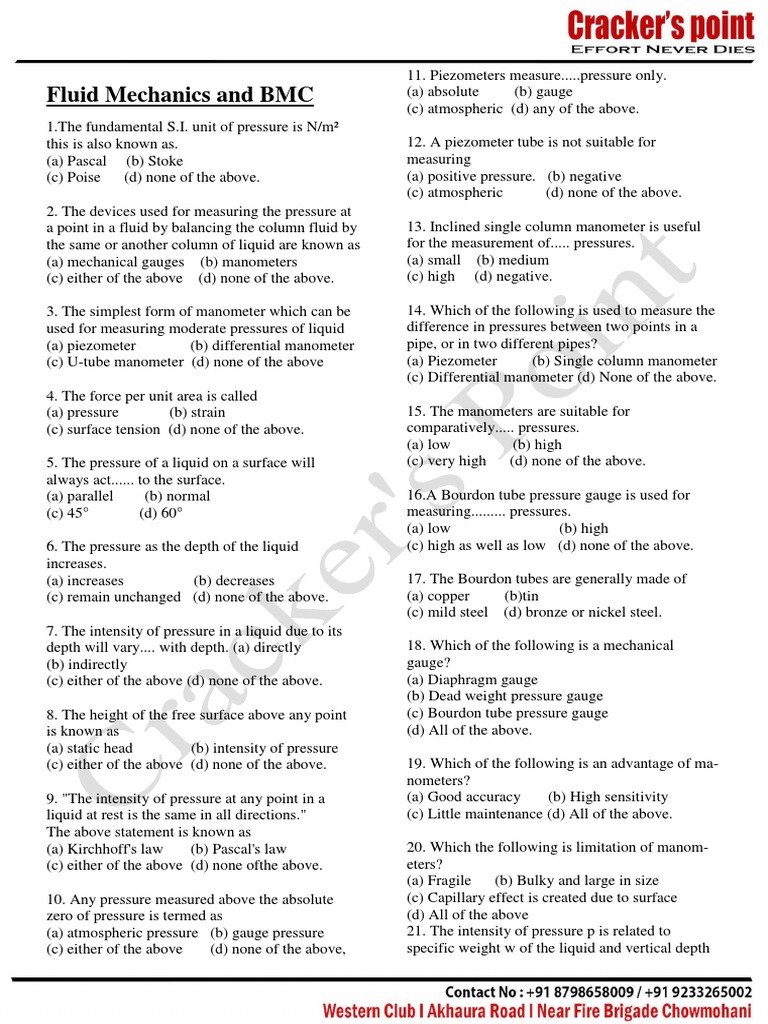 Fluid Mechanics & Timber Processing Quiz | PDF | Pressure Measurement ...