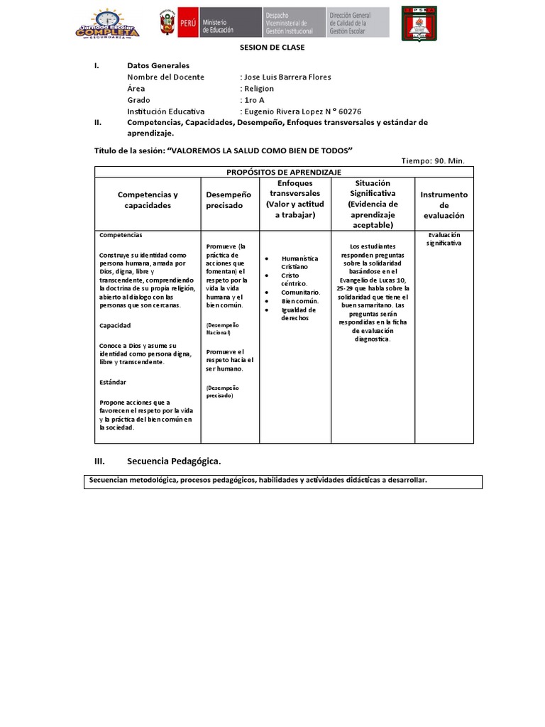 Sesion de Clases 1ro de Secundaria | PDF | Evaluación | Aprendizaje