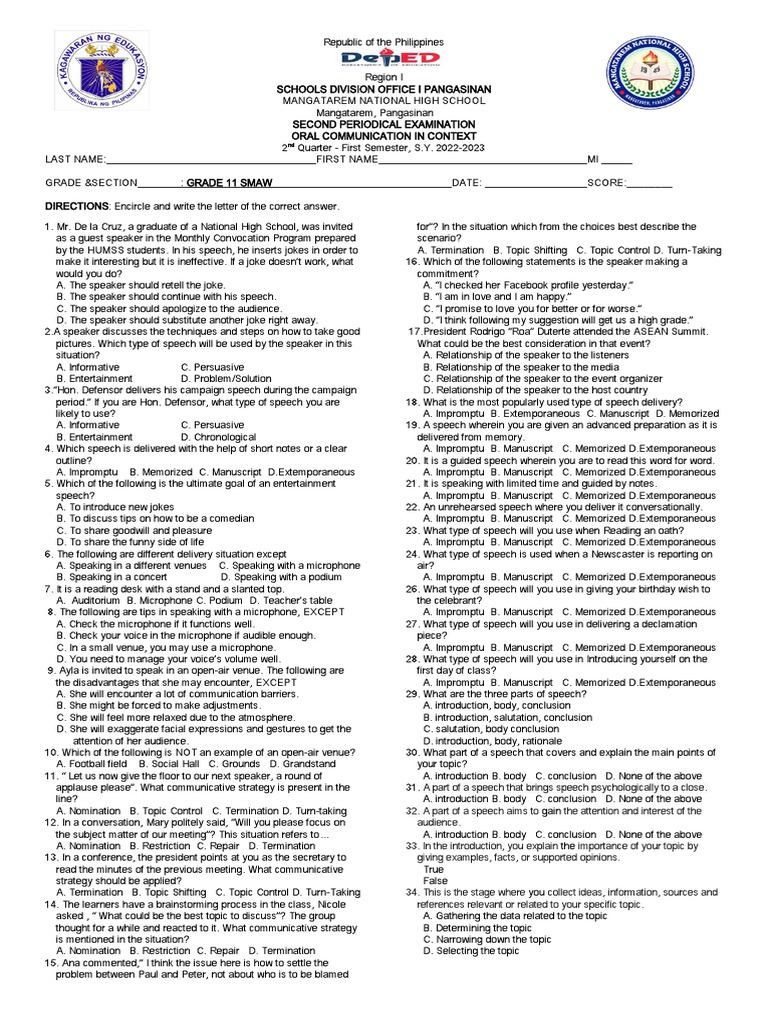 Grade 11 Oral Communication Exam Guide | PDF | Career & Growth